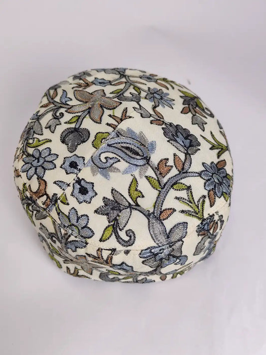 white traditional cap with nalki aari in florals
