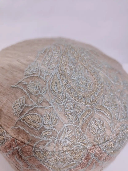 beige pashmina cap from kashmir paisley motif sozni embroidery 