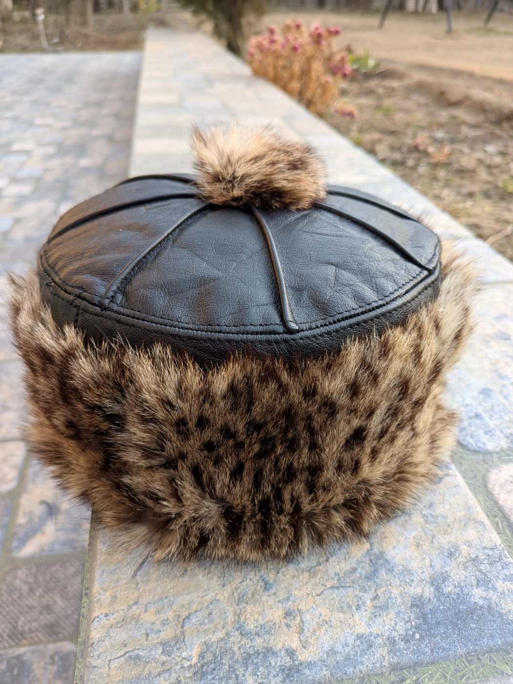 Black Pure leather and Natural Fur Kashmiri Cap