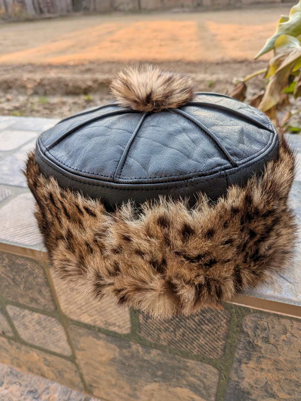 Black Pure leather and Natural Fur Kashmiri Cap