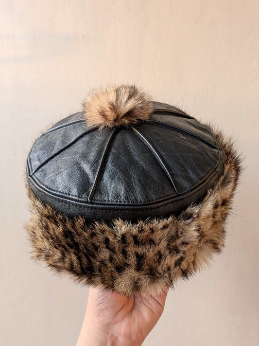 Black Pure leather and Natural Fur Kashmiri Cap