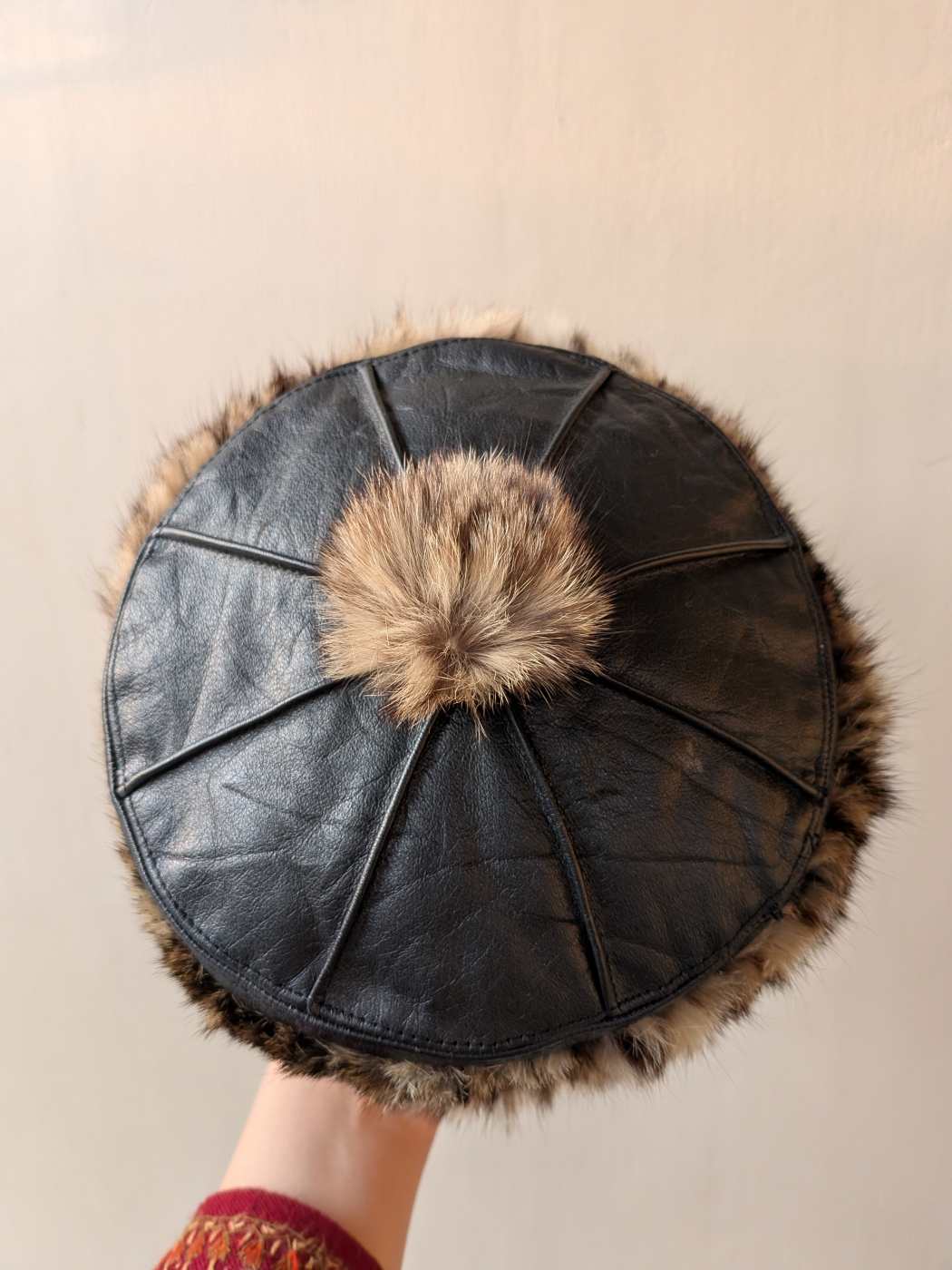 Black Pure leather and Natural Fur Kashmiri Cap