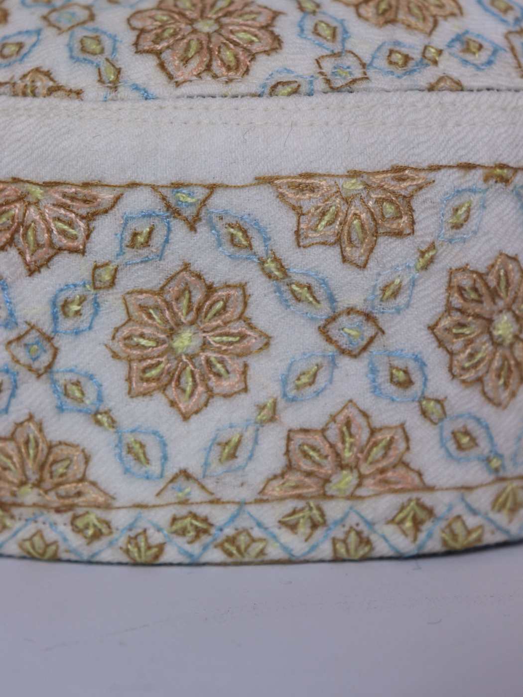 Pure Pashmina White Cap from Kashmiri With Hand Sozni Embroidery