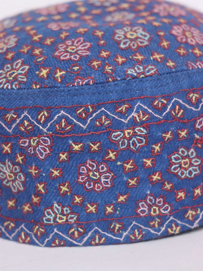 Pure Pashmina Blue Zubair Cap with Kashmiri Hand Sozni Embroidery