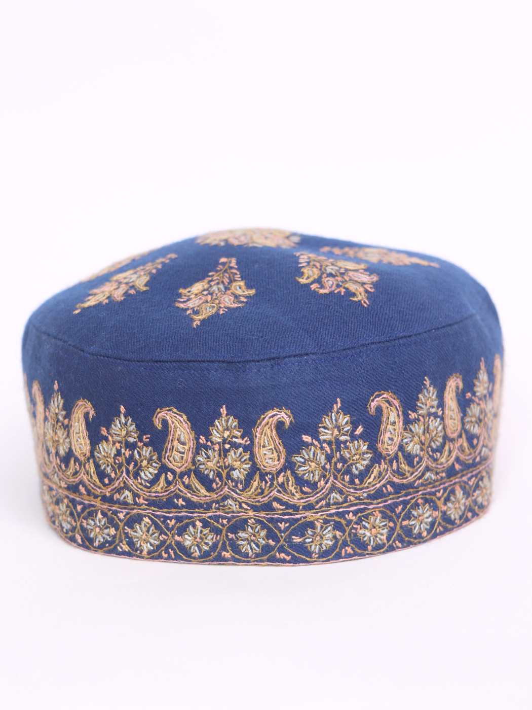 Kashmiri Hand Sozni Embroidered Pure Pashmina Cap in Blue