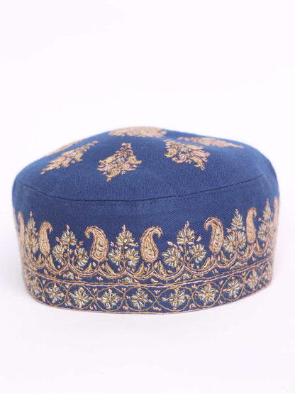 Kashmiri Hand Sozni Embroidered Pure Pashmina Cap in Blue