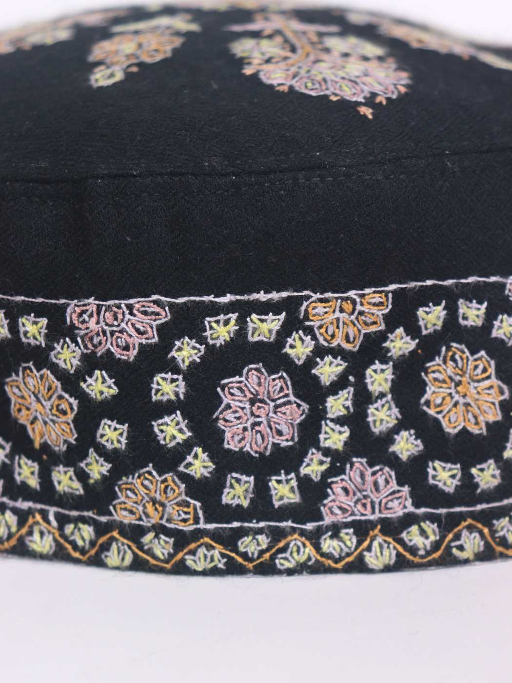 Black Pure Pashmina Cap in Kashmiri Hand Sozni Work