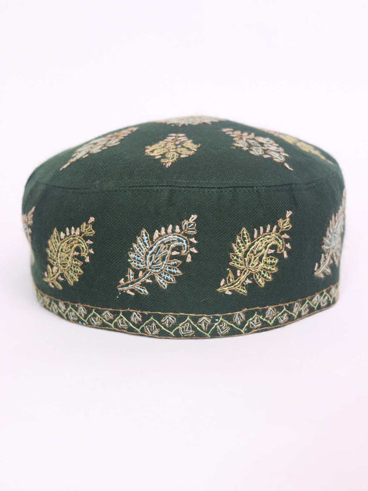 Green Pure Pashmina Cap with Kashmiri Hand Sozni Embroidery Darbar