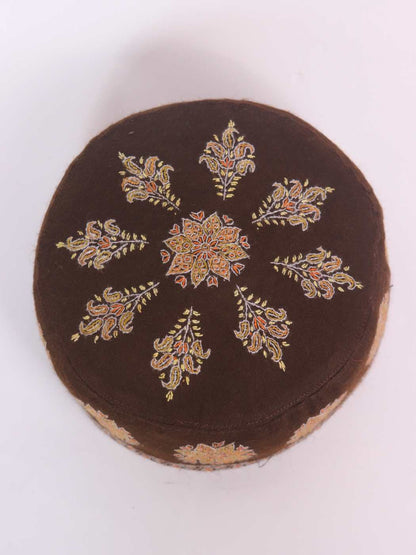 kashmiri cap in brown pure pashmina with hand sozni on top side