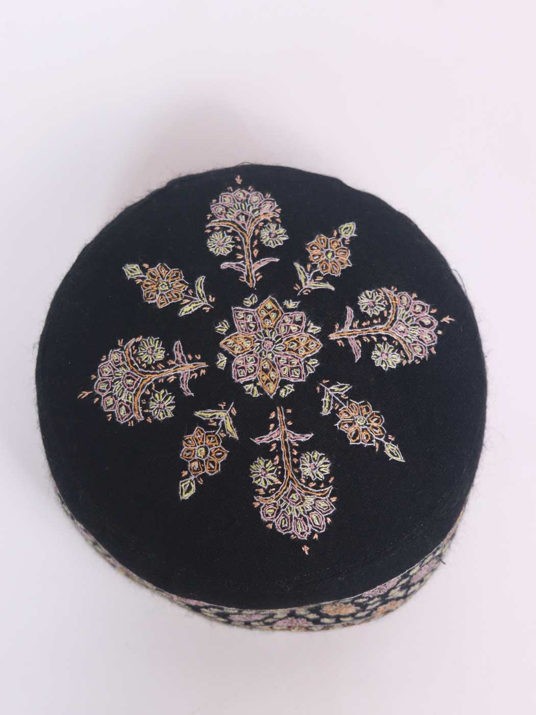 Black Pure Pashmina Cap in Kashmiri Hand Sozni Work