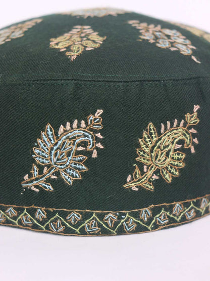 Green Pure Pashmina Cap with Kashmiri Hand Sozni Embroidery Darbar