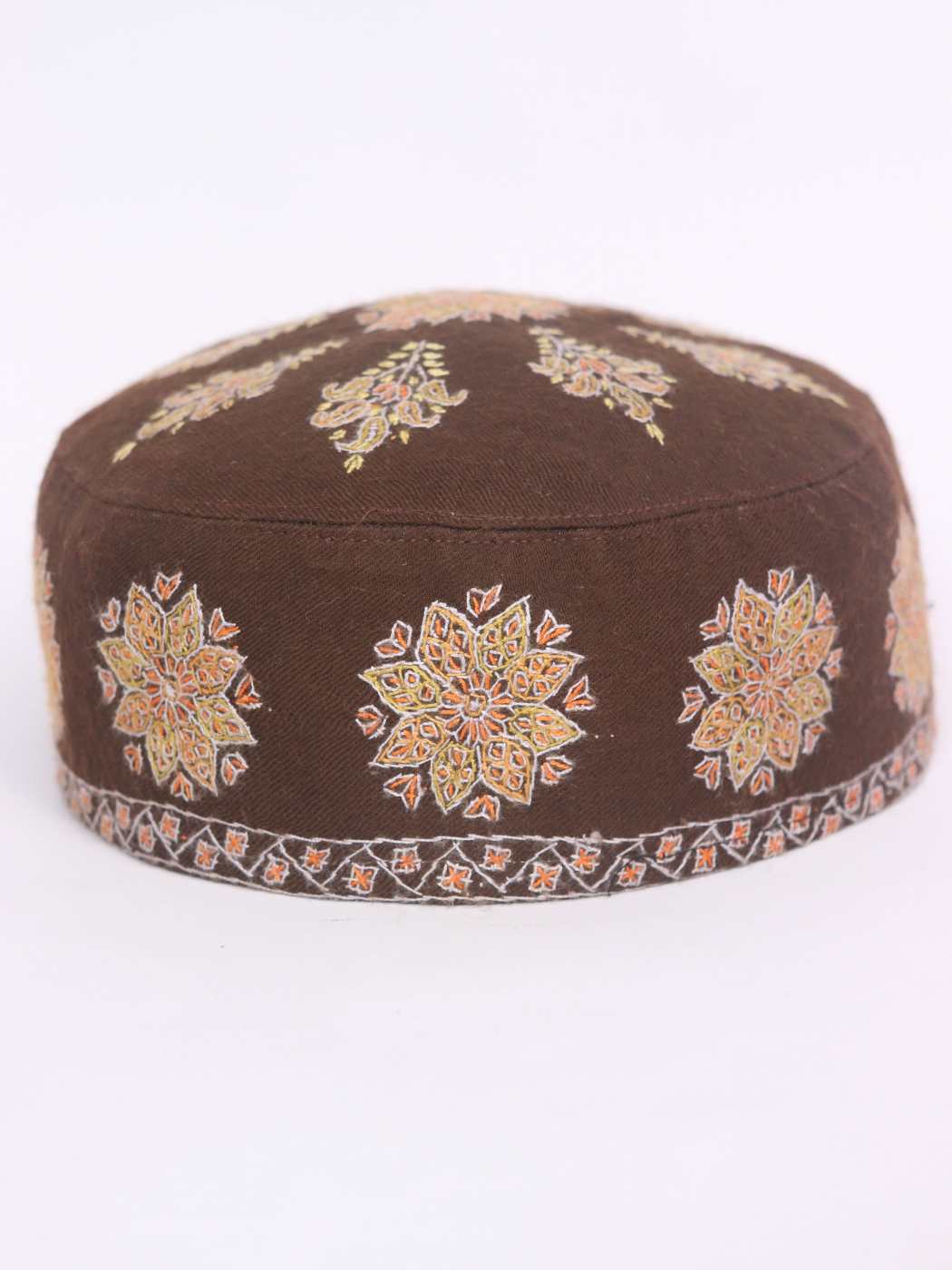 Hand Sozni Embroidered Cap Pure Pashmina Brown