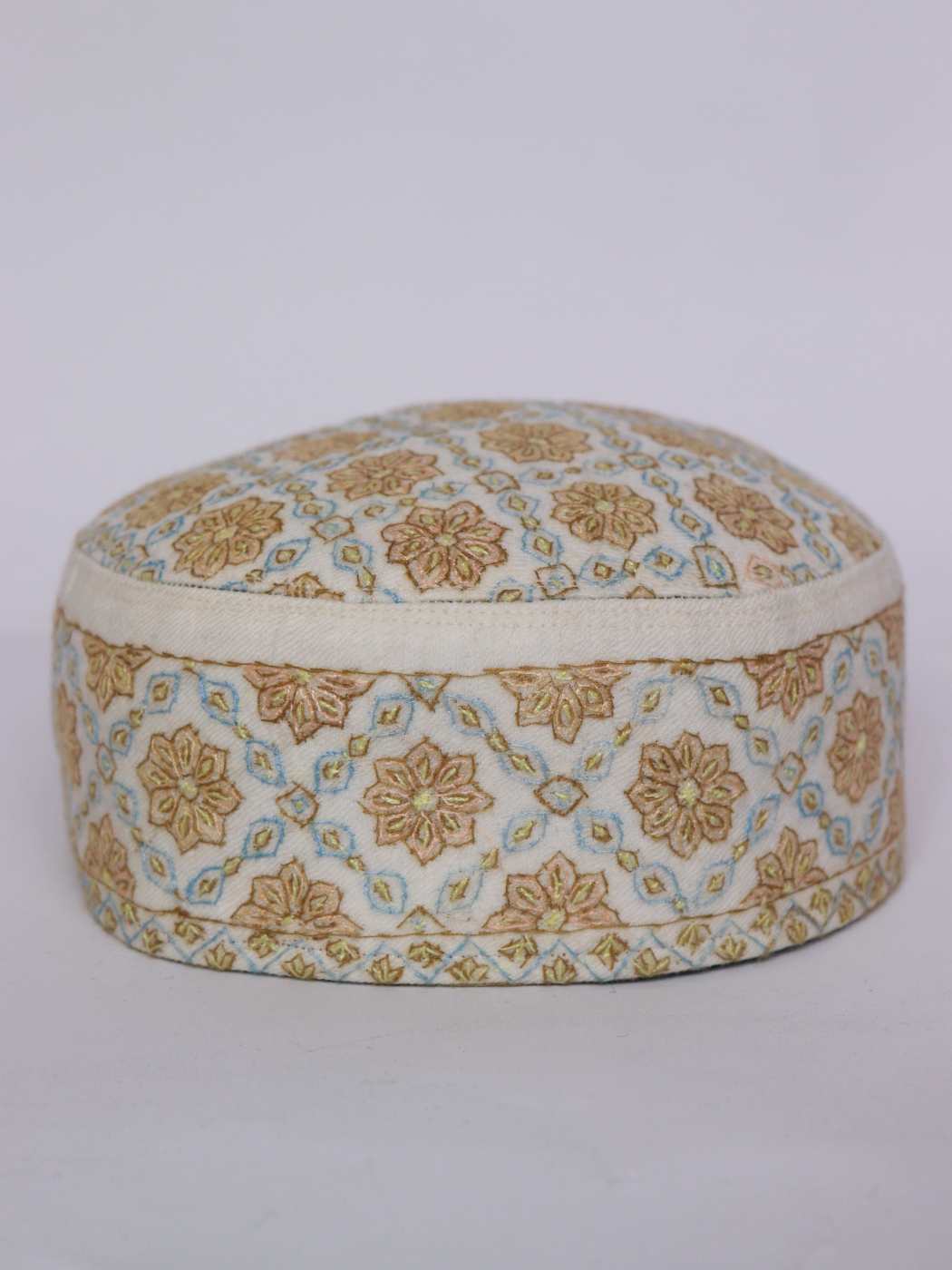 Pure Pashmina White Cap from Kashmiri With Hand Sozni Embroidery
