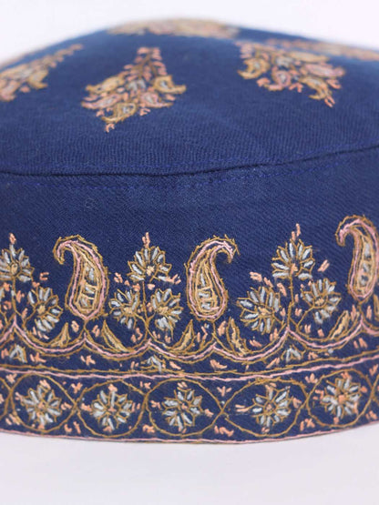 Kashmiri Hand Sozni Embroidered Pure Pashmina Cap in Blue