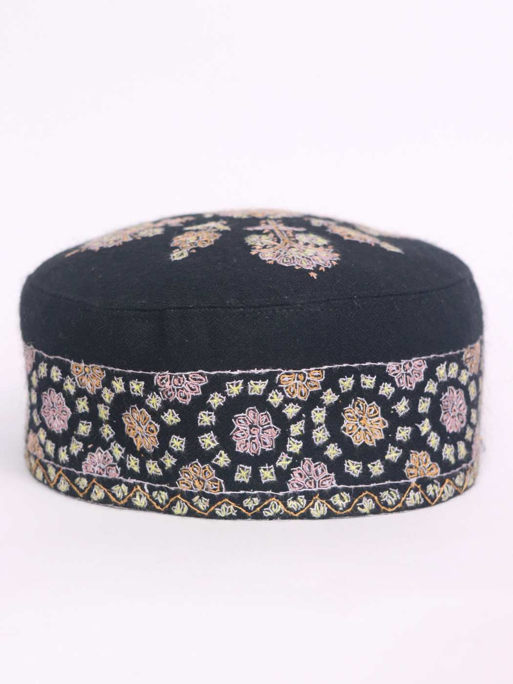 Black Pure Pashmina Cap in Kashmiri Hand Sozni Work