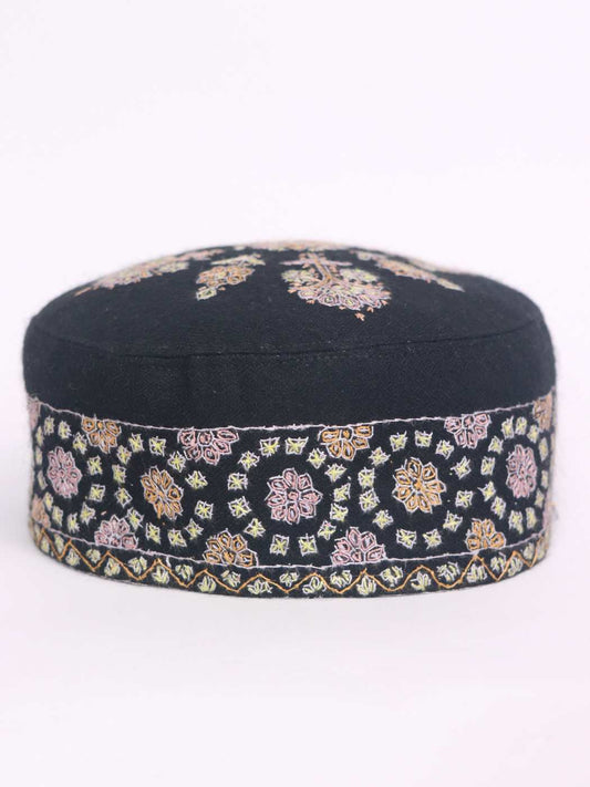 Black Pure Pashmina Cap in Kashmiri Hand Sozni Work