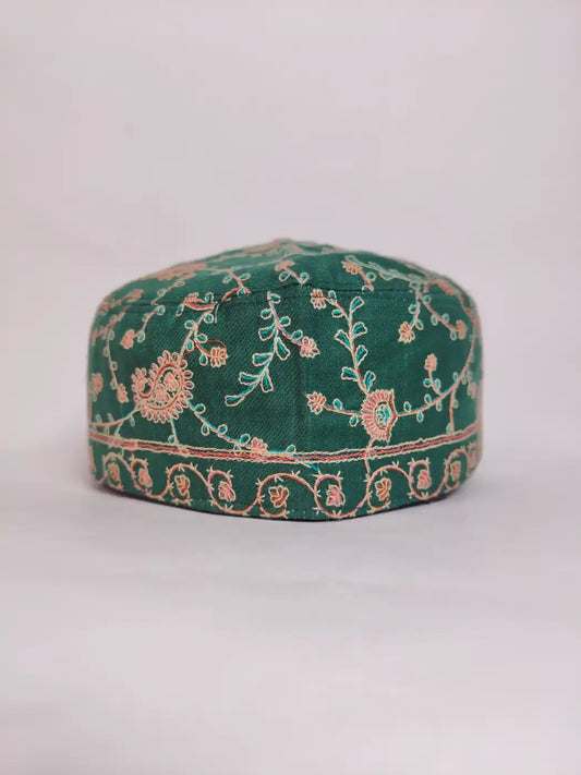 Round Green Kufi Cap with Sozni Embroidery