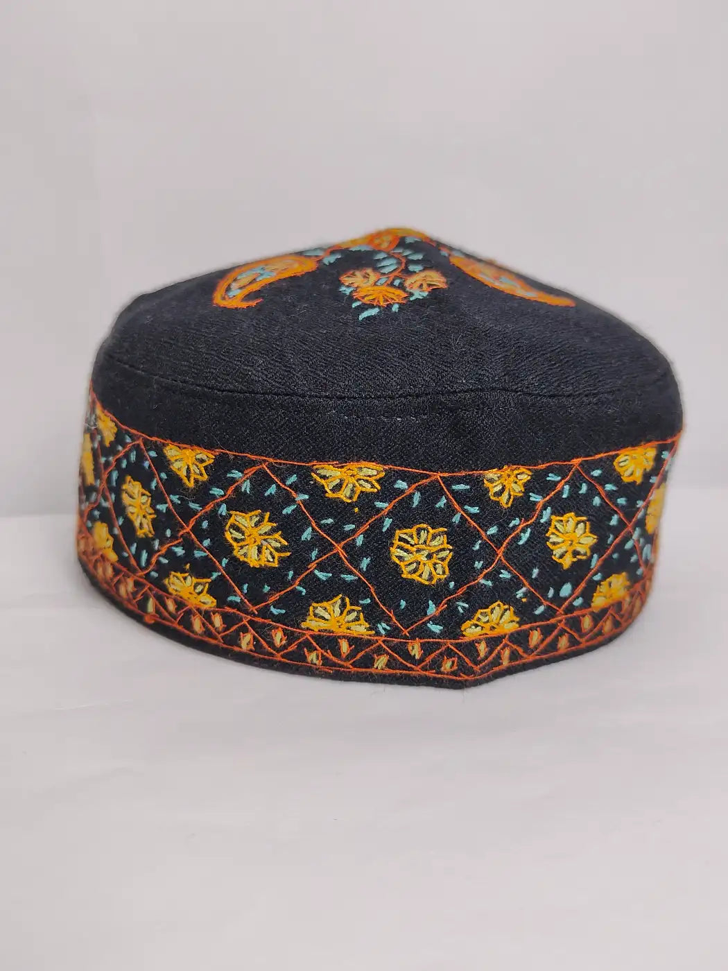 Kashmiri black tradition cap with geometrical pattern sozni embroidery across sides