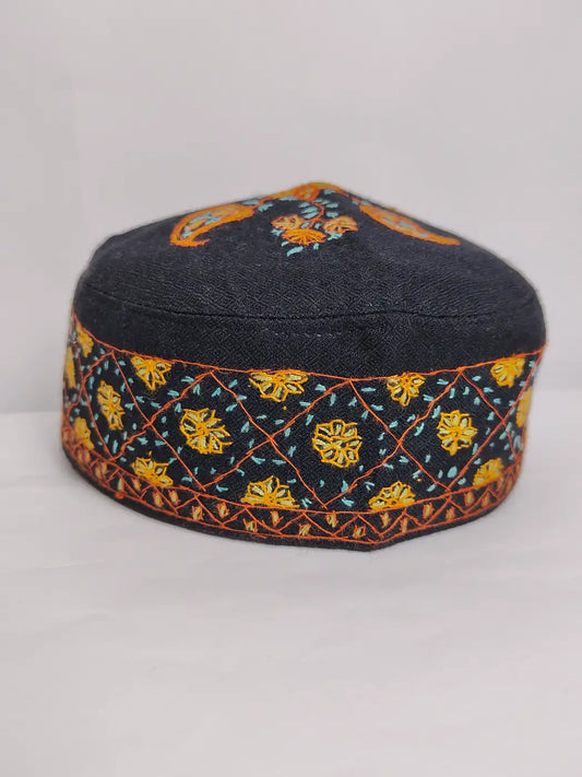 Kashmiri black tradition cap with geometrical pattern sozni embroidery across sides