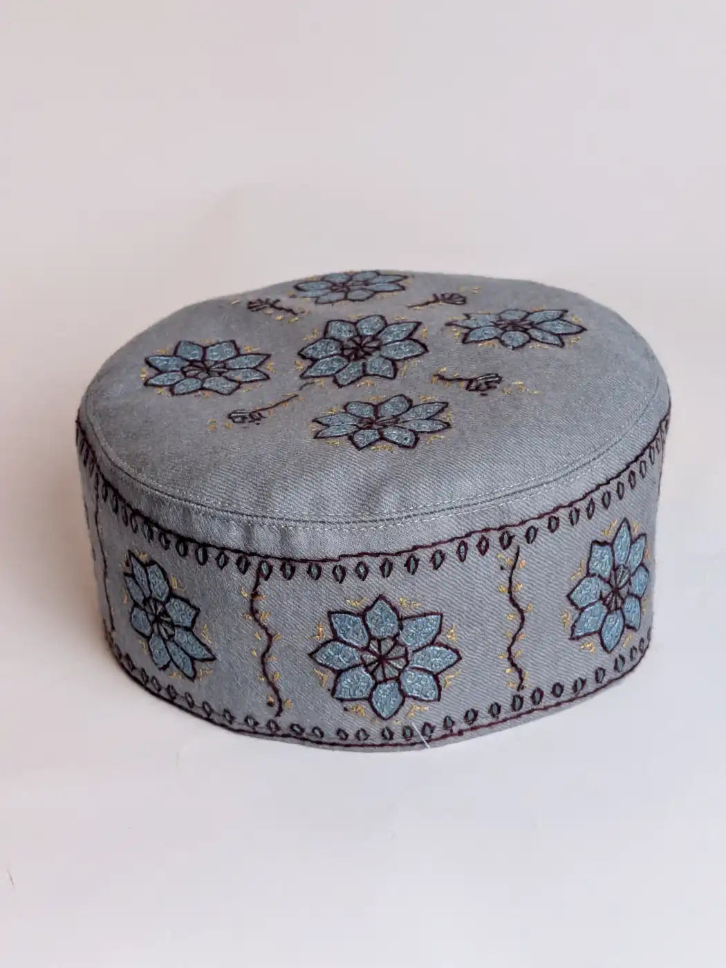 Kashmiri Abdullah Toosha Cap in Grey with Hand Sozni Embroidery