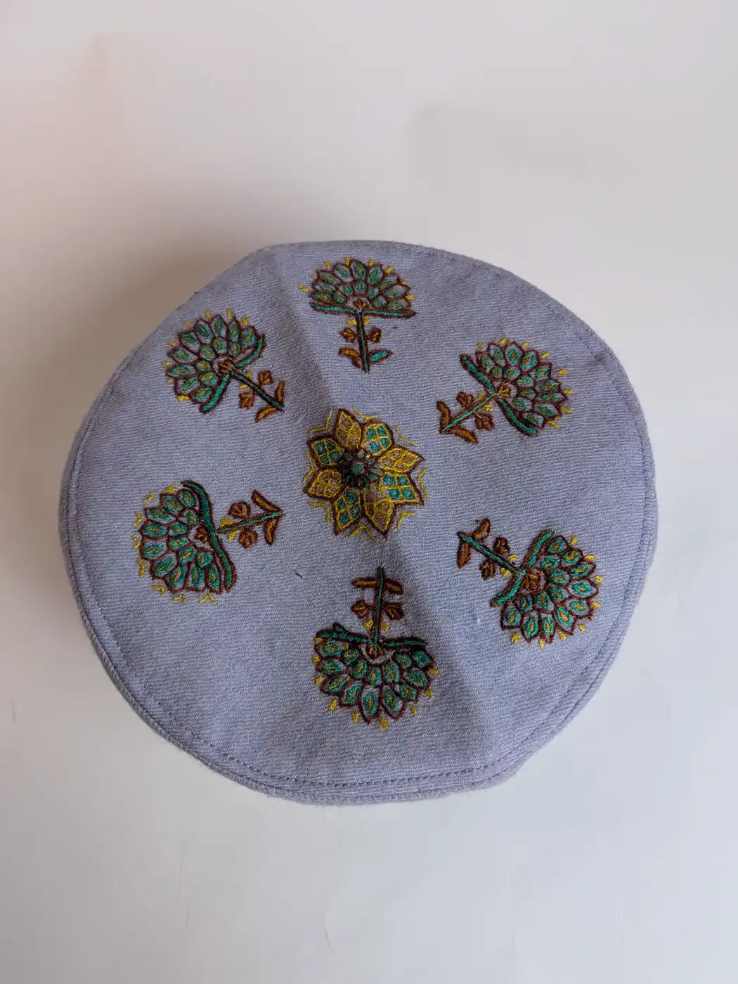 Kashmiri Greyish Blue Abdullah Toosha Cap with Hand Sozni Embroidery