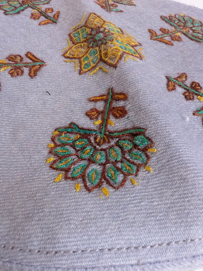 Kashmiri Greyish Blue Abdullah Toosha Cap with Hand Sozni Embroidery