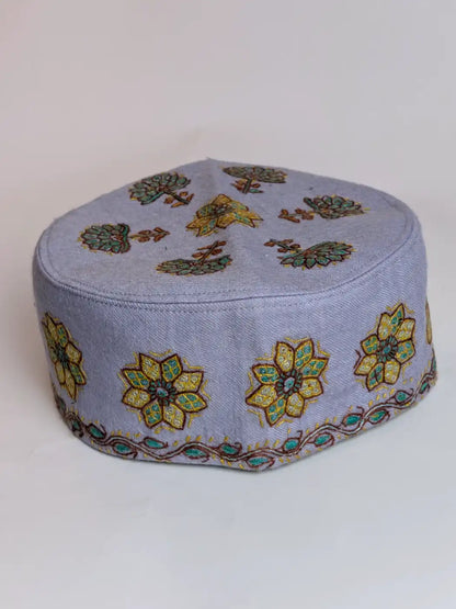Kashmiri Greyish Blue Abdullah Toosha Cap with Hand Sozni Embroidery