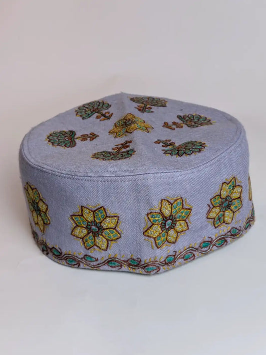 Kashmiri Greyish Blue Abdullah Toosha Cap with Hand Sozni Embroidery