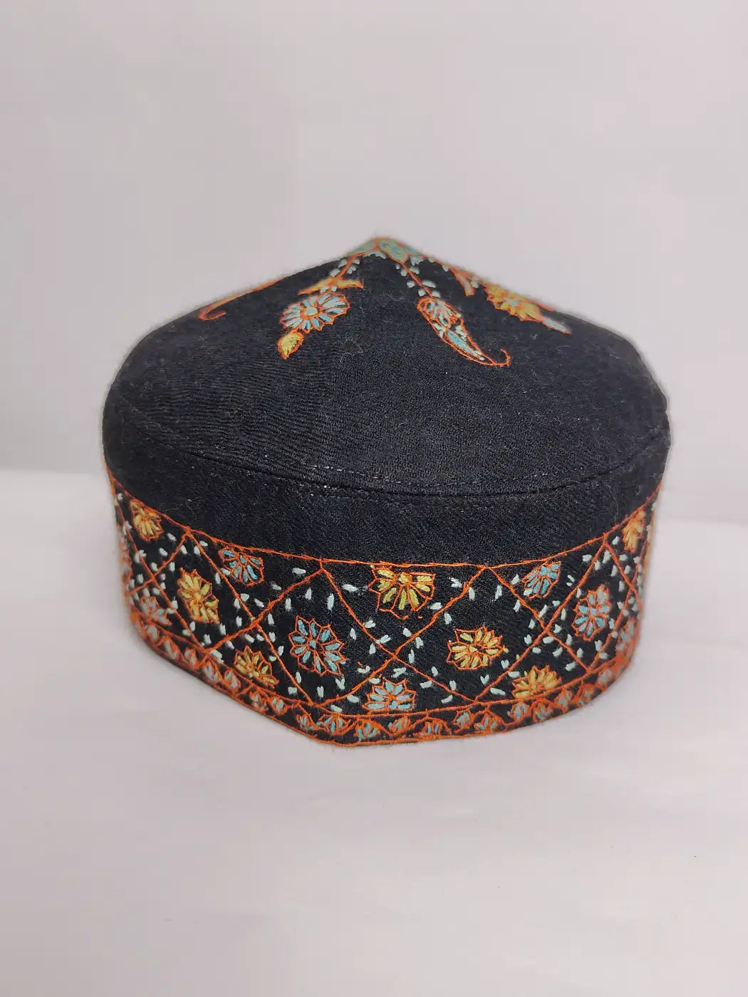 black Kashmiri cap with geometrical pattern sozni embroidery on sides