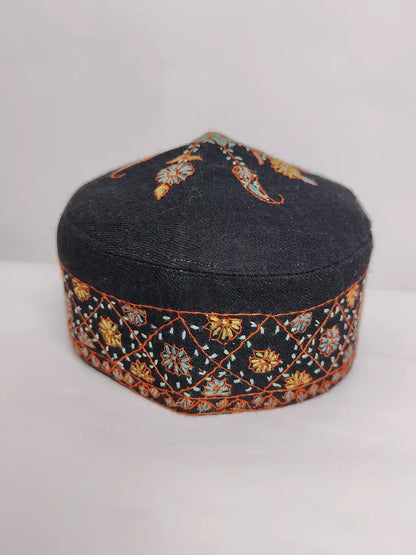 black Kashmiri cap with geometrical pattern sozni embroidery on sides