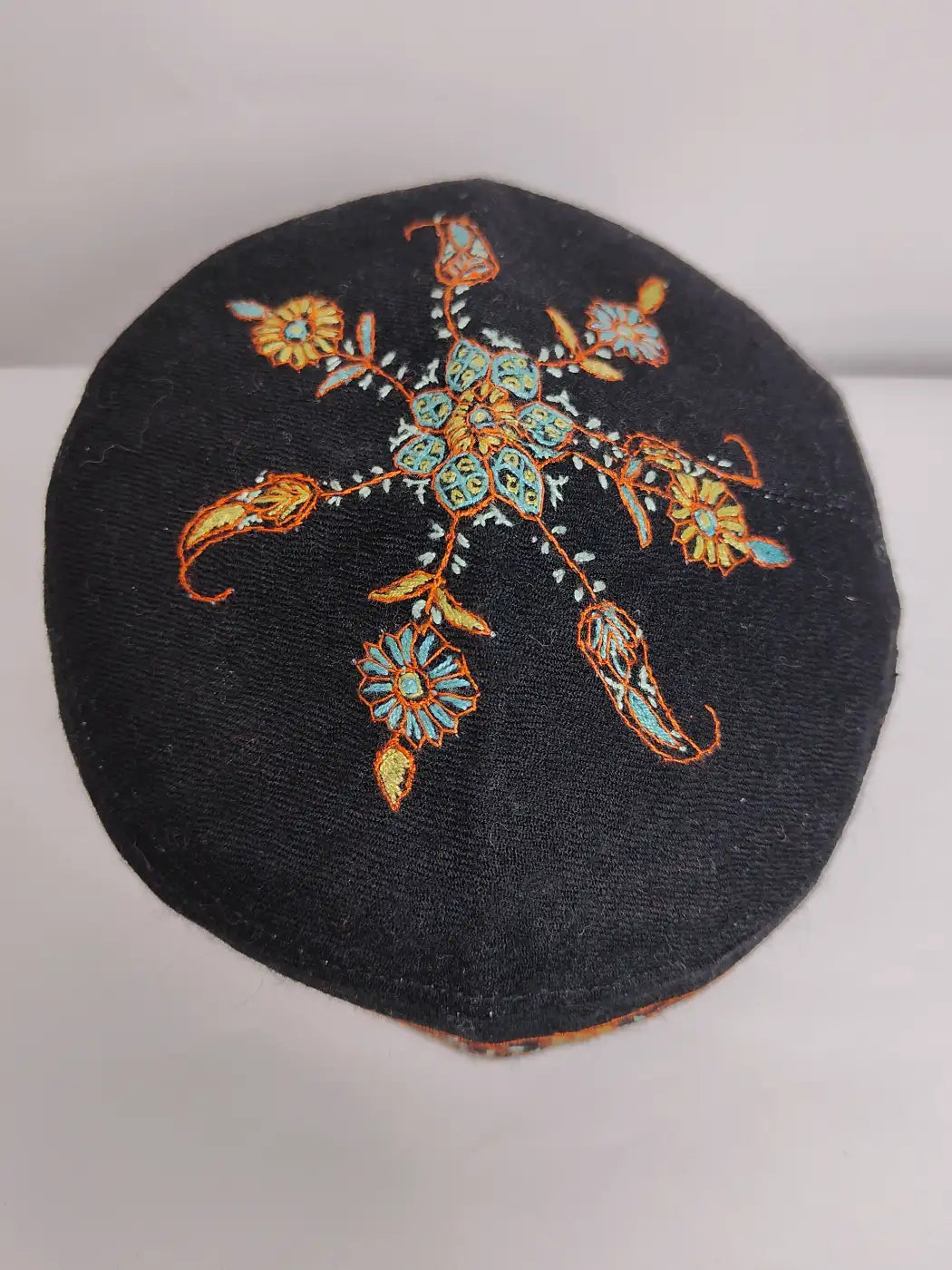 Kashmiri black cap top side with  sozni embroidery