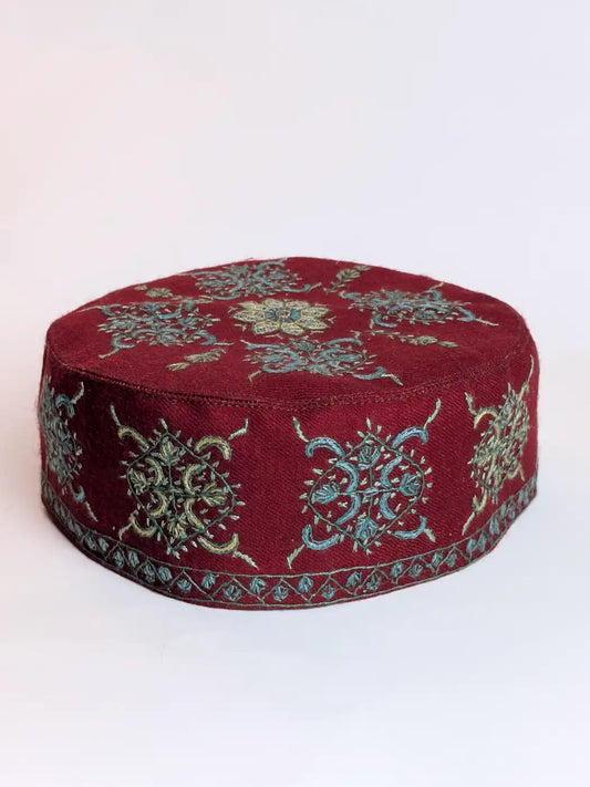 Maroon Kashmiri Abdullah Toosha Cap with Hand Sozni Embroidery