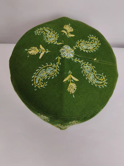 green Kashmiri cap with sozni top side embroidery