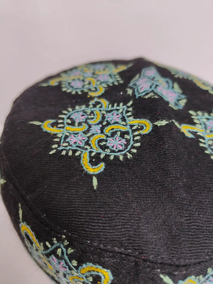 black designer cap with hand sozni embroidery 