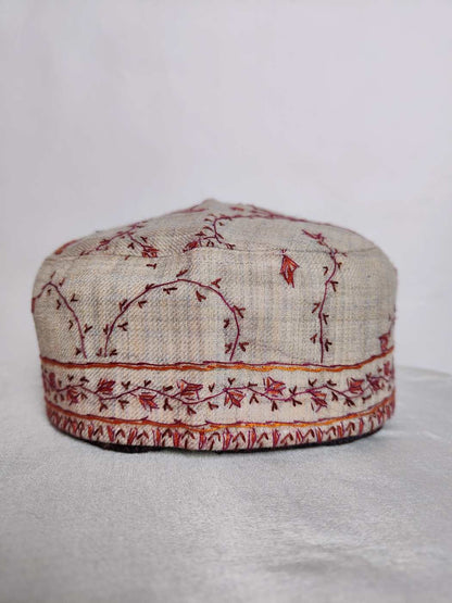 Beige Shahzad Toosha Sea Cap with Kashmiri Hand Sozni Embroidery
