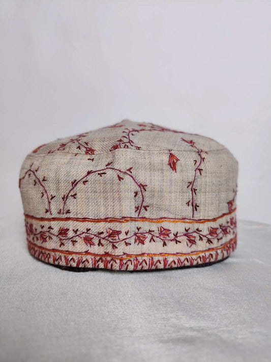 Beige Shahzad Toosha Sea Cap with Kashmiri Hand Sozni Embroidery