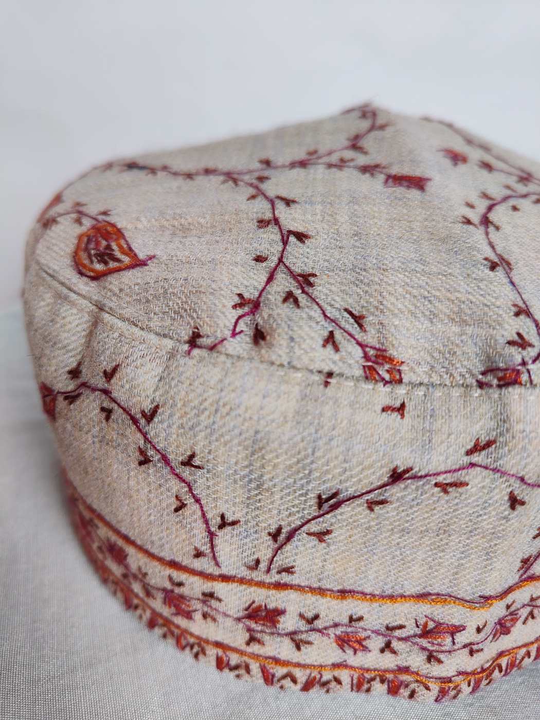 Beige Shahzad Toosha Sea Cap with Kashmiri Hand Sozni Embroidery