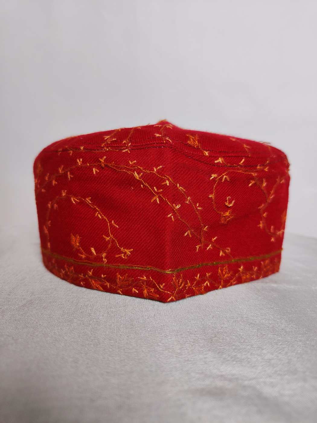 Red Toosha Cap with Kashmiri Hand Sozni Embroidery Raees