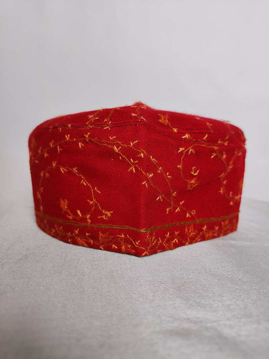 Red Toosha Cap with Kashmiri Hand Sozni Embroidery Raees