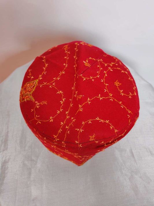Kashmiri topi in red with sozni embroidery on top side 