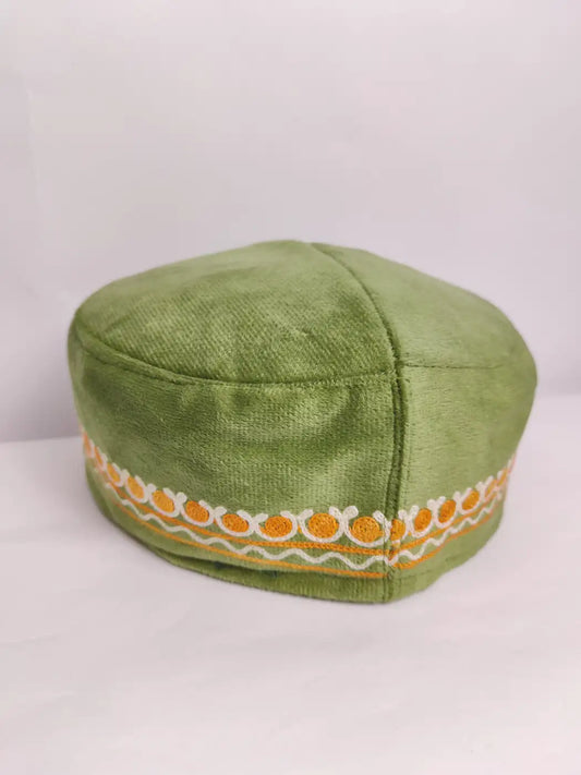 Velvet Kashmiri Cap in Green with Aari Embroidery