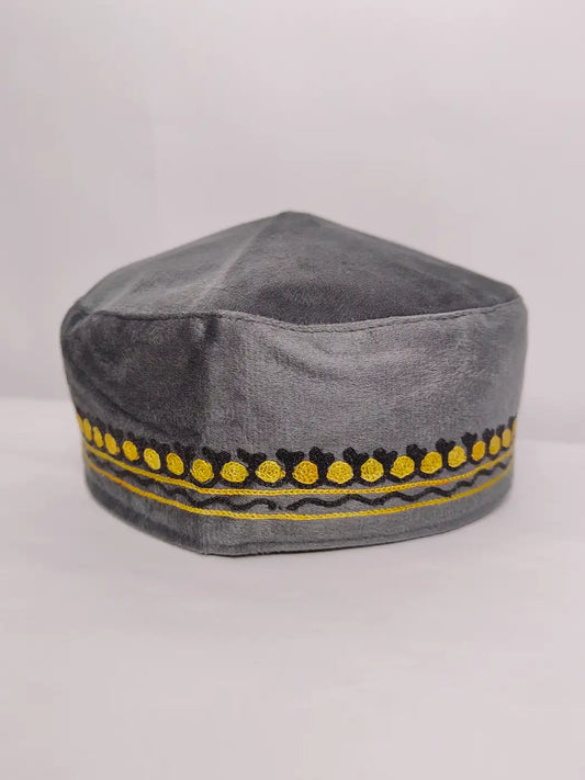 Nizami Velvet Kashmiri Cap in Grey with Aari Embroidery