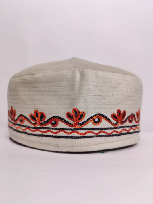 Kashmiri Cap in White Velvet Nawas with Aari Embroidery