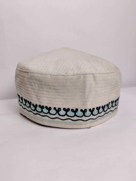 Nizam-i-Kashmiri Cap in White Velvet with Aari Embroidery