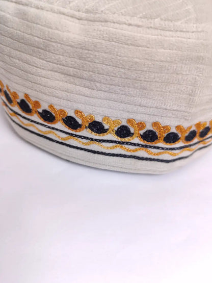 white Kashmiri cap in aari embroidery 