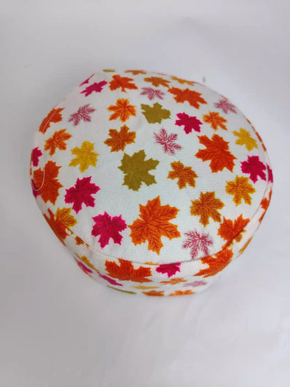 white round cap with kani chinar print  on top side 
