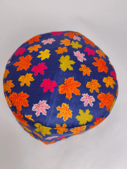 blue round cap with top side kani print chinar patterns