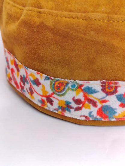 mustard cap in velvet with kani print florals 