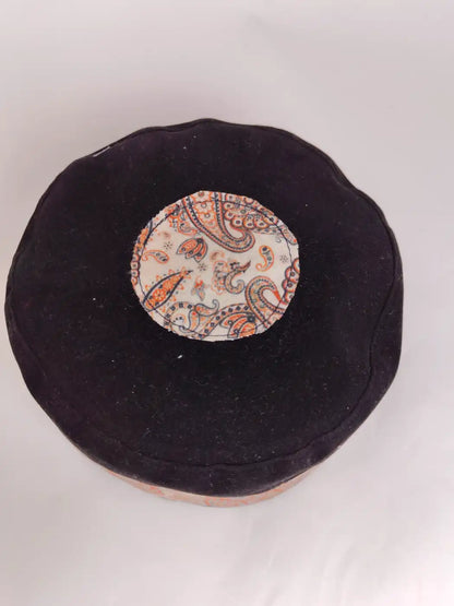 velvet black cap for gents with top side kani print 