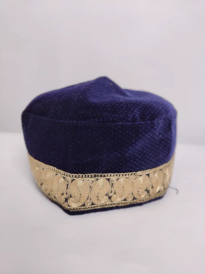 dark blue cap from Kashmir in velvet with zari tilla work across border